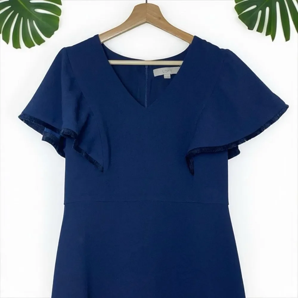 LOFT Fringe Trimmed Flutter Sleeve Dress in Navy - Picture 8 of 11